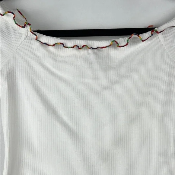 love, Fire White Rainbow Ruffled Off Shoulder Crop Top - Picture 3 of 15